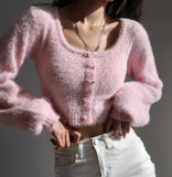 Taooba Aria Rose Button Fuzzy Crop Cardigan