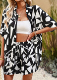 Taooba- Two Piece Geometric Printed White and Black Shorts Set