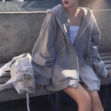 comfy school outfits Gray Hooded Sweater Women's New Loose Fleece-lined Casual Sports Jacket Autumn and Winter Long Sleeve Zipper Cardigan Top