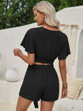 Taooba- Elegant Short Sleeve Crop Top Front Tie Shorts