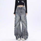 Taooba grunge outfits Distressed Heavy Damaged Frayed Edge Stitching Design Zipper Skinny Jeans Women Autumn and Winter Washed Retro Trousers