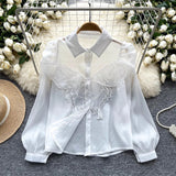 korean fashion Design Sense Niche Shirt Women's New Three-Dimensional Butterfly Embroidered Puff Sleeve Versatile Slimming Mesh Top Fashion