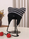 crochet adult hat Japanese Online Celebrity Ins Striped Knitted Wool Hat Women's Cute Trendy Cat Ear Earmuffs Autumn and Winter Warm Hat