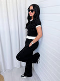 Taooba- Casual Black Two Piece Round Neck Short Sleeve Tops Wide Leg Pants Set