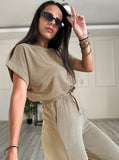 Taooba- Casual Round Neck Short Sleeve Top High Waist Wide Leg Pants Set