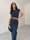 Taooba- Casual Blue Round Neck Crop Top and Skirt Set