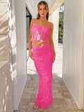 Taooba- Two Piece Pink Sleeveless Top and Long Skirt Set