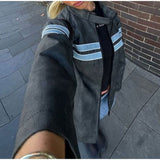 Taooba fall outfits women Striped Leather Jacket Coat 2024 Fashionable Women's Autumn and Winter Zipper Long Sleeve Coat