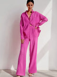 Taooba- Collared Button Long Sleeve Crepe Pajama Home Wear Set