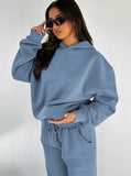 Taooba- Casual Blue Hooded Long Sleeve Sweater and Trousers Set