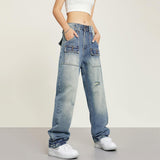 RTK (W) Taooba. 1493 DISTRESSED WASHED BLUE FRONT POCKET STRAIGHT DENIM JEANS