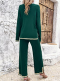 Taooba- Knitted Solid Color Long-Sleeve and Small Slit Long Pants Suit