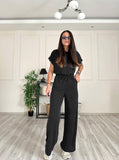 Taooba- Casual Round Neck Short Sleeve Top High Waist Wide Leg Pants Set