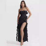 dress 2024 New Women's Ruffled Ribbon Dress Sexy Sleeveless Solid Color off-the-Shoulder Irregular Dress