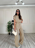 Taooba- Casual Round Neck Short Sleeve Top High Waist Wide Leg Pants Set