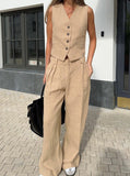 Taooba- Solid Color Buttoned Vest and Lose Pants Set