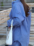 Taooba- Loose Sapphire Blue Striped Long-Sleeve Two-Piece For Women