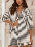 Taooba- White Striped Half Sleeve Tops and Shorts Set