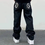 y2k Ins High Street Hip Hop Flying Dog Printed Jeans Men's Autumn and Winter Straight Loose Trendy Hiphop Pants