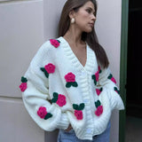 sweater Autumn and Winter Women's Clothing New Three-Dimensional Rose Flower Knitted Cardigan Top Handmade Crocheted Sweater Coat