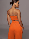 Taooba- Orange Lace-Up Tube Top and Mid Waist Wide Leg Pants