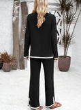 Taooba- Black Long-Sleeve Shirt and Small Slit Long Pants Knitted Suit