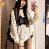 1980s fashion trends Japanese Style Drawstring Gray Functional Style Hot Girl T-shirt Autumn Women's Top Star Ripped Loose Long Sleeve Bottoming Shirt Trendy