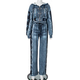 streetwear men outfits  High-Grade Retro Denim Printed Coat Wide-Leg Pants Two-Piece Suit