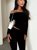 Taooba- Black Off Shoulder Asymmetrical Top and Pants Set