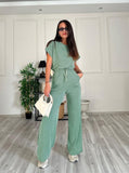 Taooba- Casual Round Neck Short Sleeve Top High Waist Wide Leg Pants Set