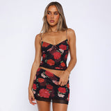 Taooba- Red Flower Printed Sleeveless Crop Top and Skirt Set