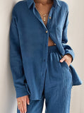 Taooba- Collared Button Long Sleeve Crepe Pajama Home Wear Set