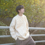 outfit inspo fall Lazy Sweater Men's Autumn and Winter New Thick Thread Twist Thickened round Neck Rhombus Pullover Loose Wool Sweater Fashion