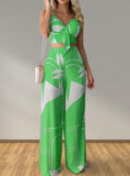 Taooba- Sexy Casual Printed V Neck Crop Top & High Waist Wide Leg Pants Set