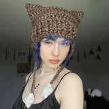 crochet adult hat Cat Ear Hat Hand-Woven Devil Horn Ruffle Cute Hot Girl Autumn and Winter Wool Warm