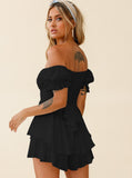 Taooba- Sexy Black Off Shoulder Tie Waist Top and Short Set