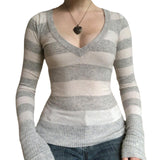 90s streetwear Women's New Low-Cut Sexy V-neck Striped Slim-Fit Temperament Bottoming Sweater