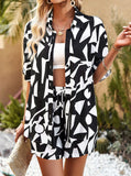 Taooba- Two Piece Geometric Printed White and Black Shorts Set