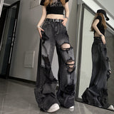 grunge outfits American High Street Ripped Jeans Women's Spring and Autumn Loose Slimming Versatile Wide Leg Trousers High Waist Washed Distressed Pants