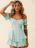 Taooba- Sexy Light Green Off Shoulder Tie Waist Top and Short Set