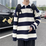 90s fashion men Spring and Autumn New Versatile Casual Hong Kong Style Striped Loose Sweater Korean Style Trendy Lapel Polo Shirt Bottoming Shirt