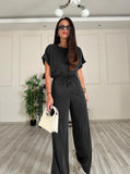 Taooba- Casual Round Neck Short Sleeve Top High Waist Wide Leg Pants Set