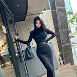 Taooba business casual outfits Korean Model Autumn and Winter Inner Wear Slim-Fit Belt Mid-Length over-the-Knee Knitted Bottoming Sheath Dress