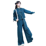 1980s fashion trends New Chinese Style Denim Suit Women's Spring Clothes with a Set of Fashionable Western Style Split Wide-Leg Pants Two-Piece Suit