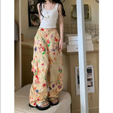 Taooba 90s fashion American Graffiti Floral Print Casual Overalls Summer New Advanced Design High Waist Loose Mopping Trousers