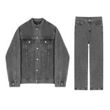 Taooba- 5571 GRAY MANDARIN COLLAR DENIM JK & WIDE STRAIGHT JEANS