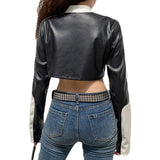 womens fashion Winter Street Hipster Motorcycle Coat Women's Sexy Hot Girl Leather Short Contrast Color Personalized Zipper Leather Coat