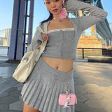 2000s fashion Hot Girl Haze Blue Waistcoat Slim Knitted Pleated Skirt Suspender Top Suit Three-Piece Set