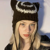 crochet adult hat Cat Ear Hat Hand-Woven Devil Horn Ruffle Cute Hot Girl Autumn and Winter Wool Warm