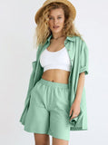 Taooba- Two Piece Solid Color Casual Half Sleeve Shirt and Shorts Set